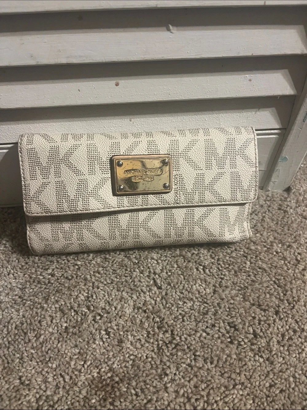 Michael Kors Cream MK Logo Continental Clutch Wallet with Gold Plate